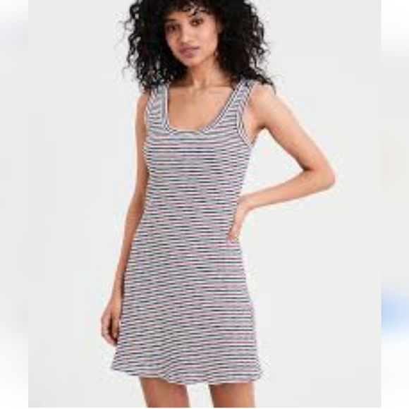 💚5/$25 AEO Ribbed Stripe SleevelessTank Dress Size XS Navy White Red Stretch - Picture 2 of 8